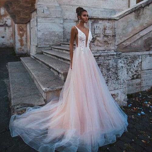 Rose Pink Princess Wedding Dresses Deep V-Neck Tulle Sleeveless Appliqued Lace Bridal Dress A-Line Backless Boho Wedding Gowns