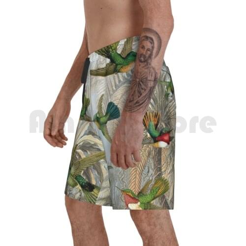 Hummingbirds Beach Shorts Men Beach Pants Swim Trunks Tropical Palmtree Palm Palm Leaves Green Emerald Green Vintage