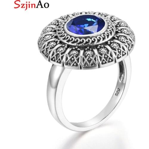 Szjinao Sapphire Ring Flower Round Gemstones Rings For Women Sliver 925 Elegant Carve 2020 Branded Fine Jewelry Dropshipping