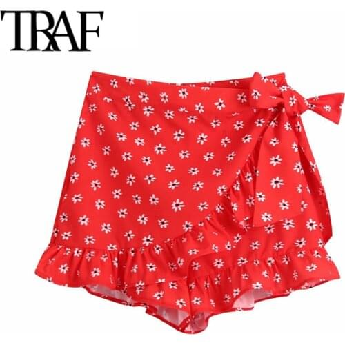 TRAF Women Fashion With Bow Floral Print Ruffled Shorts Skirts Vintage High Waist Back Zipper Female Skirts Mujer