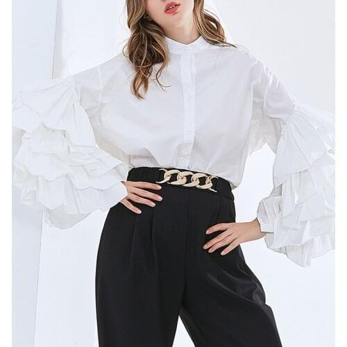 Temperament Flared Sleeve Solid Color Blouse Shirt Casual Loose Stand Collar Shirt Top Fashion Tops 2021 Autumn For Women