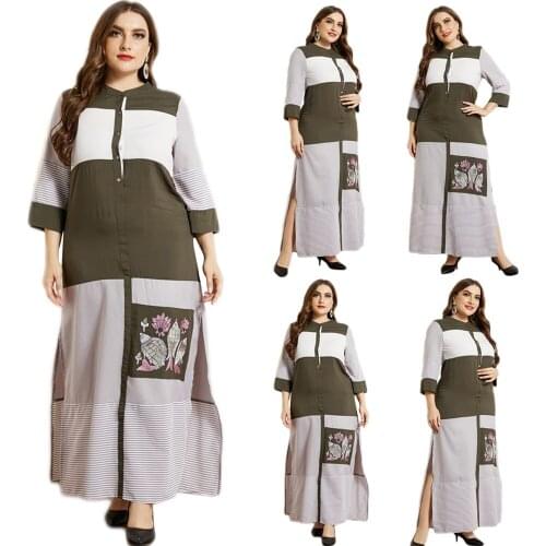 Plus Size 3XL Spring Women Long Dress Patchwork Arab Abaya Middle East Kaftan Dubai Ramadan Maxi Robe Turkish Front Buttons New