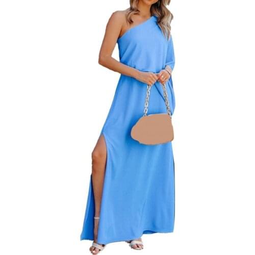 60%HOTMaxi Dress Slanted Shoulder Split Women Solid Color Waist Tied Dress for Dating
