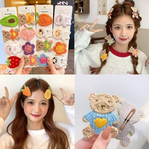 2 Pcs Hairpin sets New girl cute cartoon teddy bear butterfly Flowers fruit side top clip Cute baby exquisite Headdress