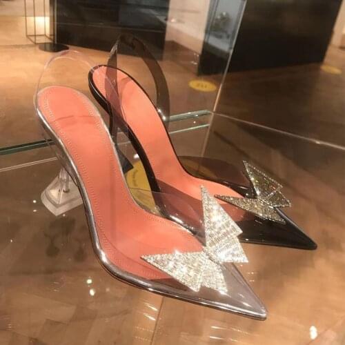 2021 New Rhinestone Bow Sandals Women Transparent Pointed Toe Stiletto High Heels Women Buckle sandalias de las mujeres
