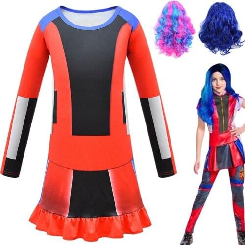 Halloween children Descendants descendants cosplay girls long-sleeved skirt dress ruffled wig Halloween performance costume