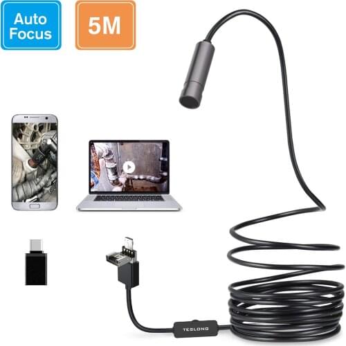 Teslong Auto Focus Endoscope Camera with 5.0 Megapixels FHD Micro Inspection Camera, Waterproof Semi-Rigid Snake Cable(5m/16ft)