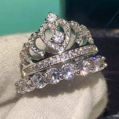 2PCS Couple Rings Luxury Jewelry 925 Sterling Silver Pave White AAAAA Cubic Zircon Stack Promise Women Wedding b