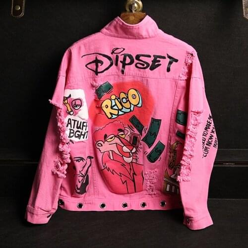 High Fashion Streetwear Women Hole Chain Denim Jackets Letter Graffiti Cartoon Print Rose Pink Jacket Personality Coat SL051