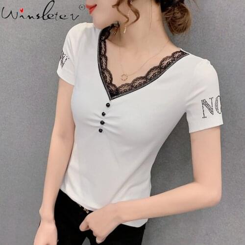 Summer Korean Style Cotton T-Shirt Girls Chic Sexy V-Neck Patchwork Lace Women Tops Short Sleeve Shiny Diamonds Tee 2021 T12923A