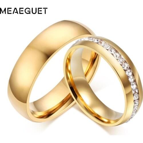 Meaeguet Gold color Stainless Steel Wedding Bands Shiny Crystal Ring for Female Male Jewelry 6mm Engagement Ring USA Size 5-13