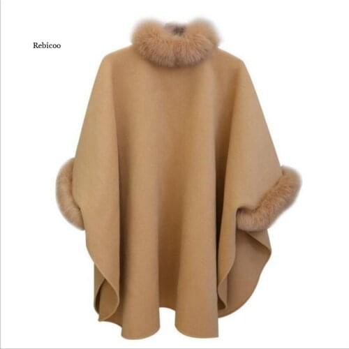 Elegant Winter Coats Women Batwing Fluffy Sleeve Cape Jacket Lady Woolen Overcoat Cape Fox Fur Collar Warm Ponchos Feminino Tops