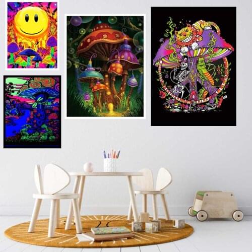 Psychedelic Magic Black Light Wall Art Canvas Trippy Visual Mushroom Psychological Education Poster Painting Home Decoration