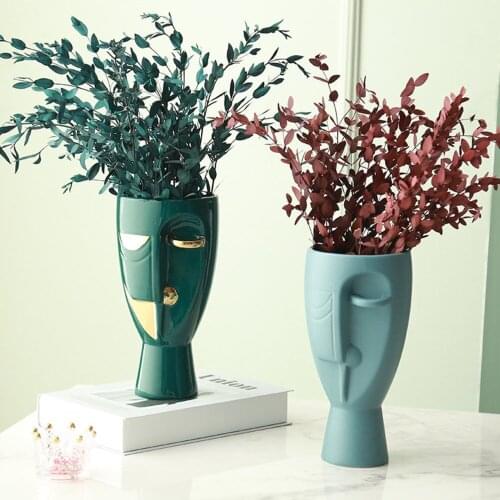 Carved Gold Human Head Ceramic Vases White Portrait Sculpture Vase Flower Pot Desk Decor Flower Arrangement Home