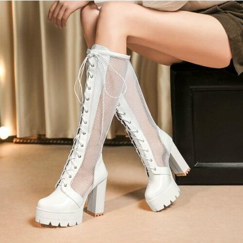 Mesh sandals hollow high boots womens shoes summer new style patent leather 11cm thick heel lace fashion sandals
