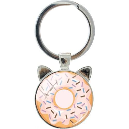 TAFREE Cartoon Funny Donut Shape Novelty Handmade Silver-plated Cat Ear Keychain Men And Women Accessories Jewelry