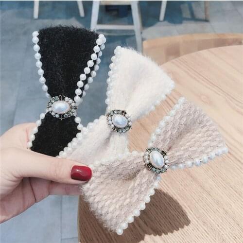 Women Barrettes Hairpin Rhinestone Pearl Hair Clips Bow Knot Wool Fashion Korean Girl Accessories Retro Vintage Wholesale