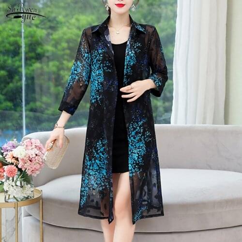 2021 Summer Cardigan Print Street wear Shirts Women Long Blouse Women Long Sleeve Chiffon Blouse Sun Protection Clothing 9128