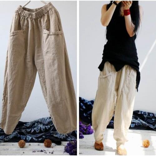 Women Retro Solid Color Linen Elastic Waist Loose Pants Ladies Plus Size Vintage Harem Pants Trousers Female Pants 2019