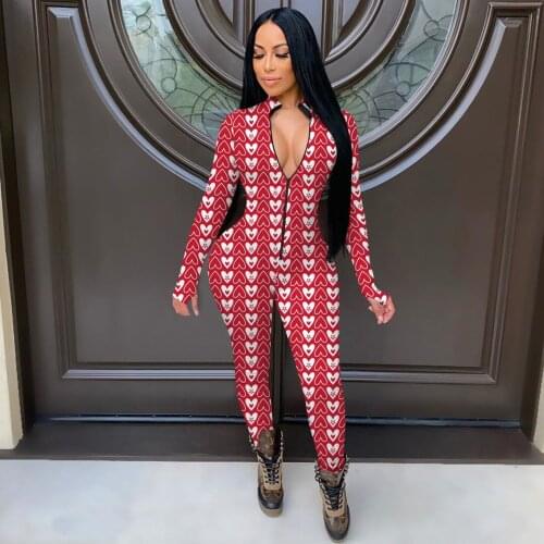 Valentines Day Sexy Bodycon Jumpsuit Streetwear Zipper Women Heart Print One Piece Long Sleeve V-neck Romper Female