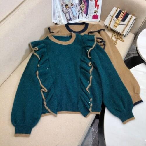 Fashion 2021 new ladies long sleeve sexy casual round neck contrast stitching ruffled beaded wool sweater 1112