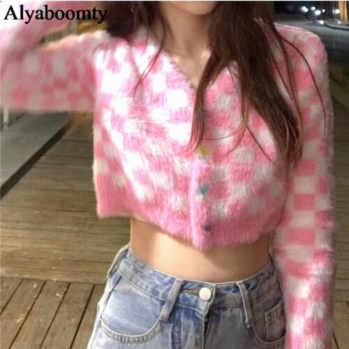 New Japanese Harajuku Women Streetwear Short Sweater V Neck Pink Soft Warm Cardigan With Heart Buttons Cute Kawaii Crop Cardigan
