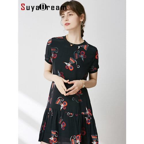SuyaDream Woman Mini Dress 100%Silk Crepe Short Sleeves Dots Printed O neck A-Line Dresses 2021 Spring Summer Dress Black