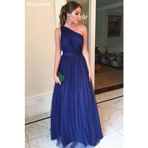 Navy Blue Prom Dress Simple Tulle One Shoulder Sleeveless Floor Length A-line Backless Evening Dress robe de soirée de mariage