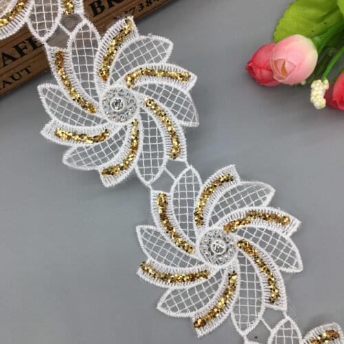 1 yard 7.5cm White 3D Flower Gold Shiny Embroidered Glitter Lace Trim Applique Ribbon Fabric Sewing Craft DIY Wedding Dress