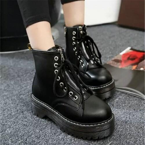 2020 Fashion Zipper Flat Shoes Woman High Heel Platform PU Leather Boots Lace up Cow Muscle Shoes Martin Boots Girls 35-40