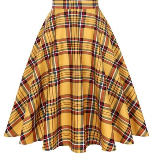 Yellow Plaid High Waist Midi Skirts jupe femme Plus Size A Line 2021 Spring Swing Women Vintage Plaid Skirt SS0006