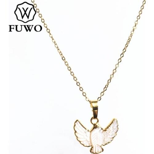 FUWO Natural Shell Peace Pigeon Necklace with Gold Trimmed Hand Sculpted White Dove Pendant Gift Beach Jewelry For Women NC523