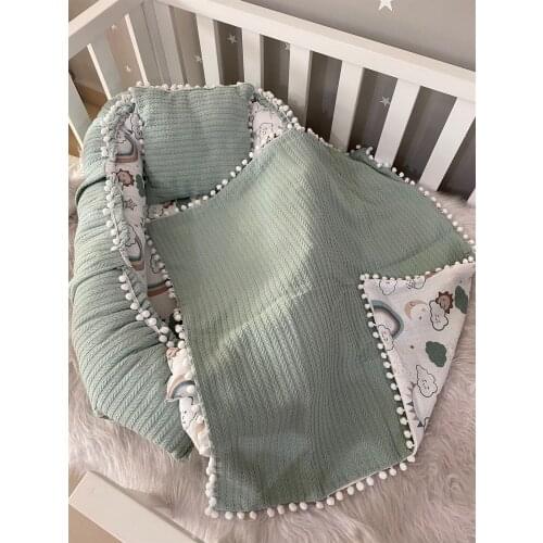 Jaju Baby Handmade Green Knitted Pique Fabric and Muslin Fabric 3-Piece Babynest Set with Pompom
