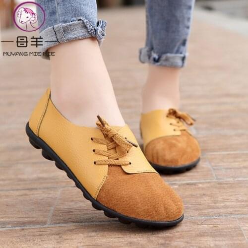 MUYANG Plus size 35-44 Genuine Leather Women Flats Shoes Casual Pregnant Driving Shoes Ladies Lace up Soft Leather Flat Shoes