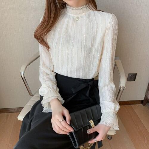 Chikichi 2021 Autumn New Korean Fashion Lace Shirt Womens Long-sleeved Ruffled Half-high Neck Pullover Blouse Women Commuter