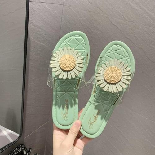 2021 New Sandals and Slippers Women Summer Wear Fashion Net Red Flat Transparent Small Daisy Flowers Beach Shoes Women