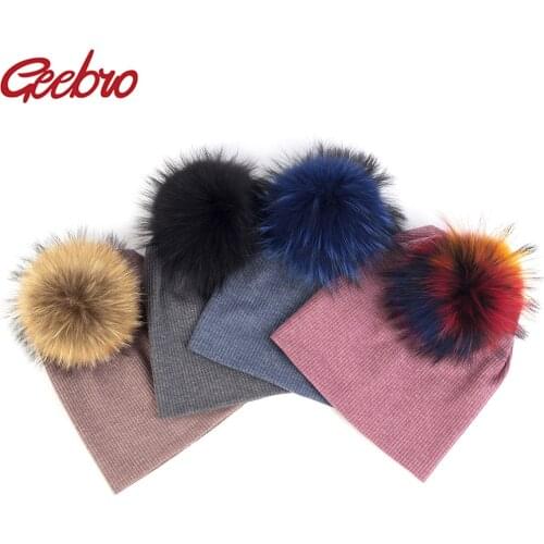 Geebro Casual Cotton Unisex Ribbed Beanies Caps For Women Men Winter Soft 15 cm Real Raccoon fur pompom skullies Fashion hats