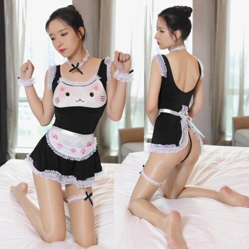 Sexy Costumes Women Maid cat Uniform Cosplay erotic Lingerie Set Cheerleader Ladies Open crotch jumpsuit Lace Dress Sexy Gifts