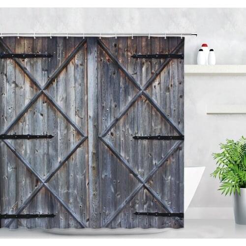 Vintage Gray Wooden Door Shower Curtains Retro Old Barn Farm Creative Waterproof Fabric Decor Bathroom Bath Curtain With Hooks