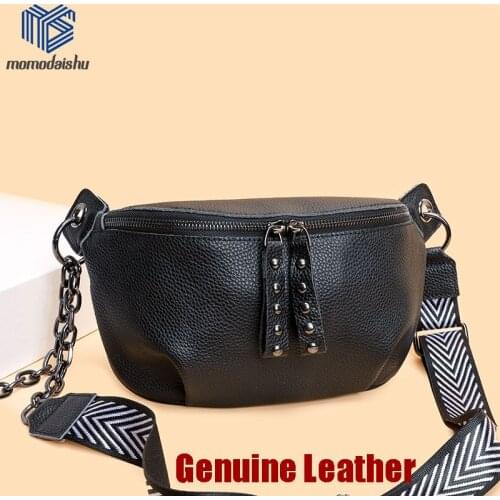 Genuine Leather Women Moon Chest Bag Female Wide Shoulder Strap Soft Small Girls Shoulder Bags Messenger Leather Crossbody Bags