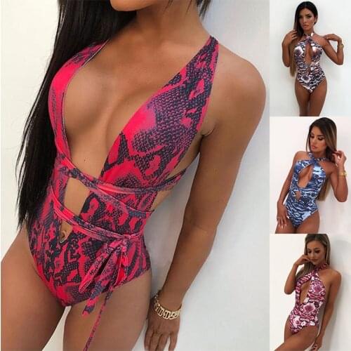 New Snake Print Swimsuit Women Leopard One Piece Bathing Suit Deep V Bandage Beachwear Sexy Monokini Push Up Padded Swimwear
