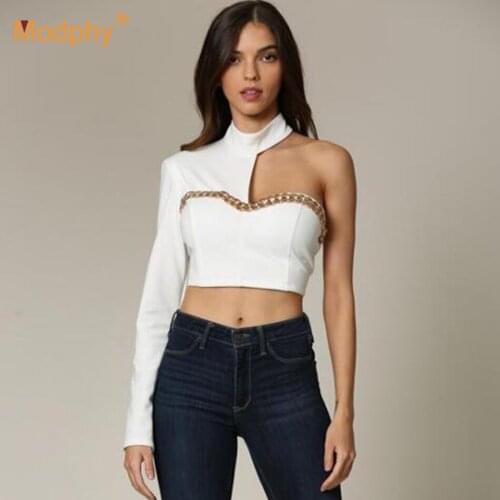 Womens High neck Long Sleeve Crop Top 2021 Spring Autumn Sexy Long Sleeve One Shoulder Slim Chain Tops Fashion Female Clothing