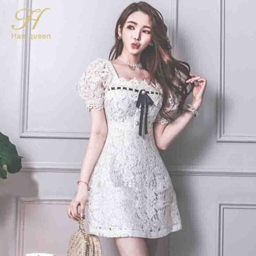H Han Queen Summer New Bow Lace Vestido Women Short Sleeve Simple A-Line Office Dress Korean Elegant Slim Vintage Casual Dresses