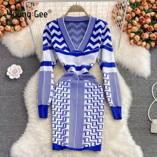 Young Gee Elegant Women Knitted Dress Sexy Deep V-neck Long Sleeve Blue and white porcelain Sweater Fall Winter Dresses vestido