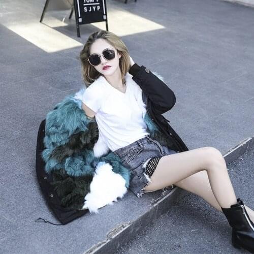 Womens Luxury Large Raccon Collar Winter Coat Natural Fox fur Liner Parkas Overcoat Plus Size 2XL LX1035