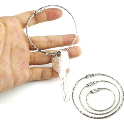1set EDC Keychain Tag Rope Stainless Steel Wire Cable Loop Screw Lock Gadget Ring Key Keyring Circle Camp Hanging Tool