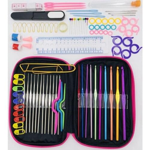 100PCS Aluminium Crochet Hooks Knit Crochet Sweater Knitting Needls Set DIY Clothes Scarf with Bag Leather Sewing Needle Kit