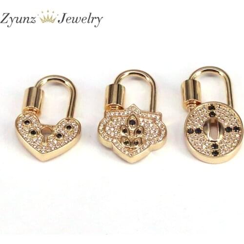5PCS, Gold Black Clear CZ Micro Pave Key Heart Lock Clasp, Gold Heart Padlock Charm, Heart / Oval Shape Clasp,Pave Lock