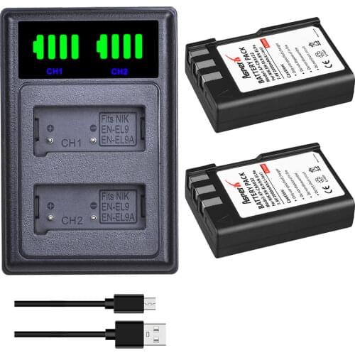2Pcs EN-EL9 EN-EL9a EL9 Batteries + LED USB Dual Charger with Type C port for Nikon EN-EL9a D40 D60 D40X D5000 D3000 Camera