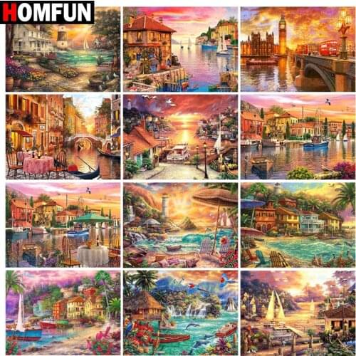 HOMFUN Diamond Painting Full Square/Round Diamond "Landscape sea house" Pattern Embroidery Cross Stitch 5D Rhinestone Painting